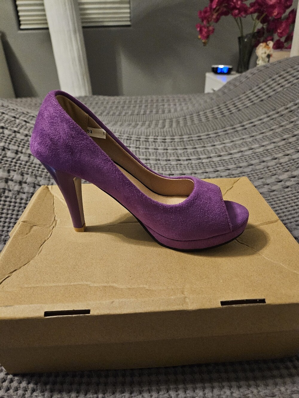 Purple Suede Peep-Toe High Heel Pump